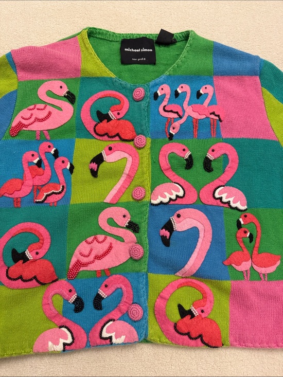 Michael Simon Sweaters - Michael Simon colorful vintage 1999 Flamingo knit sweater cardigan size L